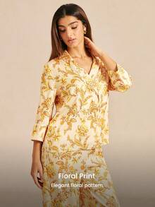 LUVLETTE Tropicoqueta Luxury Lounge Sleepwear Elegant Yellow & Gold Floral Pajama Set - Soft Satin Long-Sleeve Top & Pants With Trim Luxury Lounge Sleepwear - Yellow - View 7