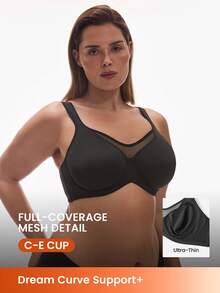 LUVLETTE Plus Woman Lingerie Full Coverage Support&Breathable Underwire Sexy Unlined Black Mesh No-Show Seamless Invisible Minimizer Bra - Black - View 1