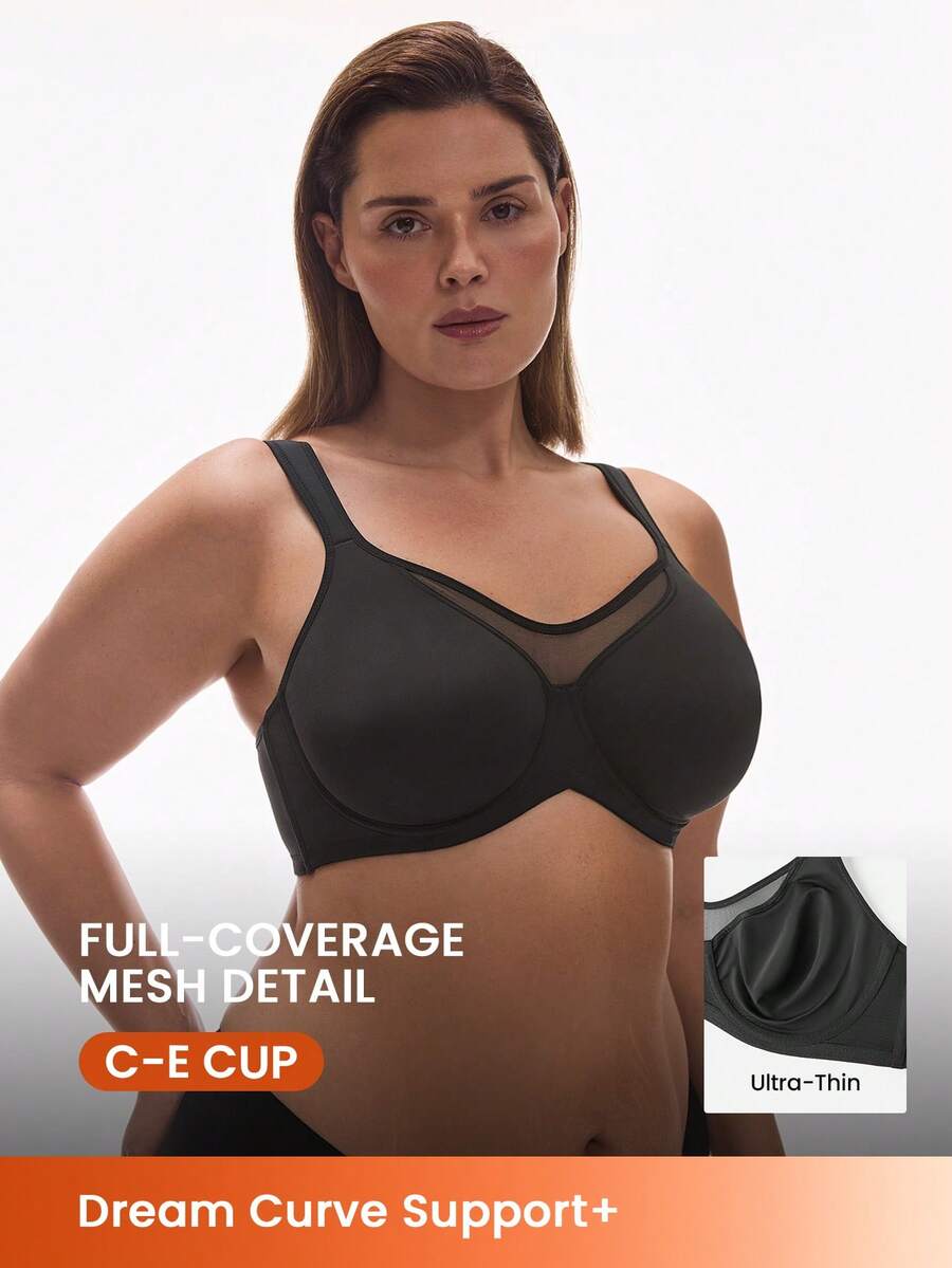 LUVLETTE Plus Woman Lingerie Full Coverage Support&Breathable Underwire Sexy Unlined Black Mesh No-Show Seamless Invisible Minimizer Bra - Black - View 1