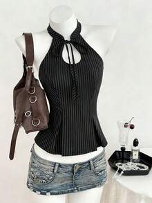 Sweetra 1 chiếc áo không tay nữ tối giản kẻ sọc đen, kiểu cổ yếm, buộc dây phía sau, thích hợp mặc thường ngày vào mùa xuân/hè. - màu đen - Xem 4