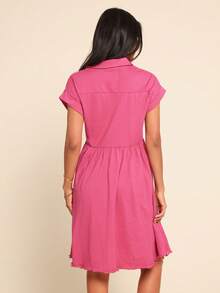 Coeurva Damen einfarbiges Lässig Minikleid mit Knopfleiste und Kurzarm - Pink - Übersicht 2