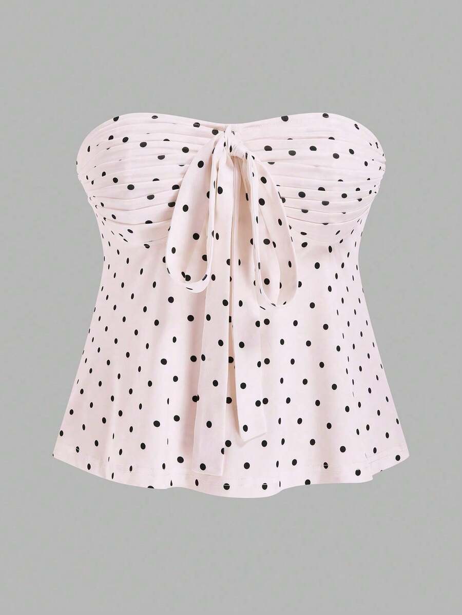 Sweetra Plus Size Retro Romantic Polka Dot Bow Tie Bandeau Top - Pink - View 1