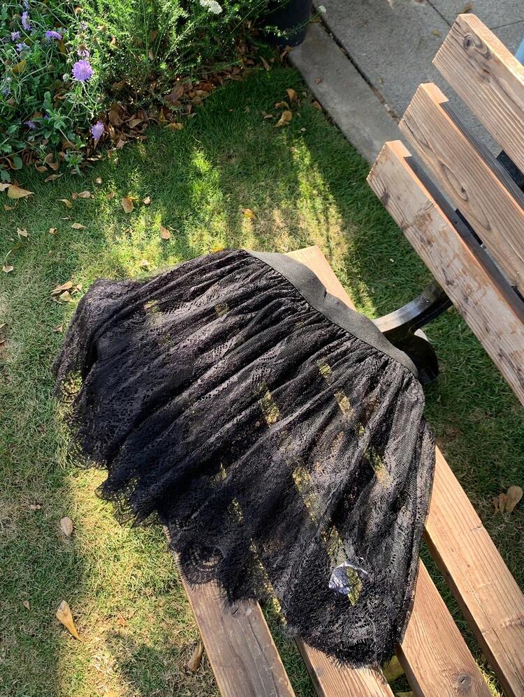 Dazy Plus Elastic Waist Lace Sheer Layered Mini Skirt, Versatile Black Casual Skirt For Girls Summer