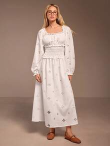 Muvela 新款春夏方领荷叶边松紧腰镂空刺绣A字度假连衣裙 - 白色 - 查看 4