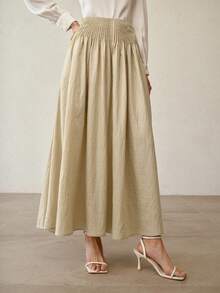 MOTF PREMIUM 女士卡其色褶裥长裙，蓬松裙摆 - 綠色 - 查看 4