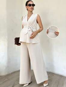 MaterniWear Bộ đồ bầu 2 món màu trơn, kiểu dáng thường ngày, gồm áo tank top không tay và quần dài, thích hợp cho mùa hè. - Màu be - Xem 8