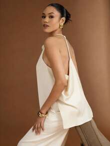 Hauture Women's Sexy Minimalist Solid Color Textured Backless Halter Top, Summer - Beige - View 5