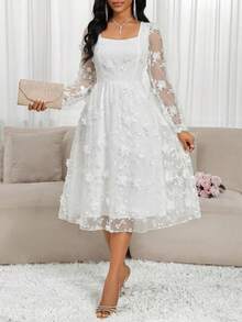 SHEIN Lady Women's Elegant Contrast Mesh Applique Square Collar Long Sleeve Dress, Autumn - White - View 4