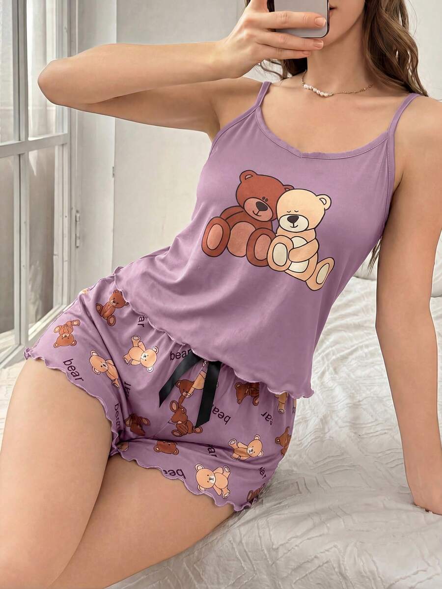 SHEIN Set de pijama de 2 piezas con camiseta de tirantes y pantalones cortos con estampado de oso - Multicolor - Ver 1