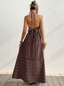 Pariaura 女士优雅性感休闲宽松度假露背系带复古吊带连衣裙，V领收腰度假风优雅连衣裙 - 咖啡棕 - 查看 3