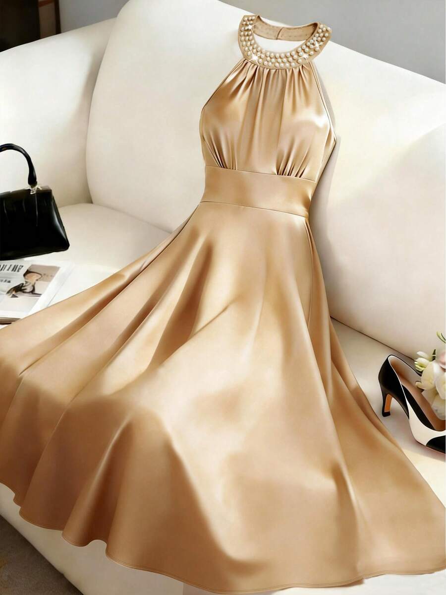 GlowEve Pearls Beaded Halter Neck Backless Dress - Apricot - View 1