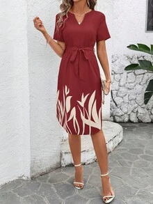 SHEIN Clasi 女士优雅V领绿色碎花宽松休闲夏季连衣裙（含腰带） - 紅色 - 查看 6