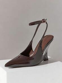 SHUZIA 女士时尚性感尖头踝带坡跟鞋 - 巧克力棕 - 查看 8