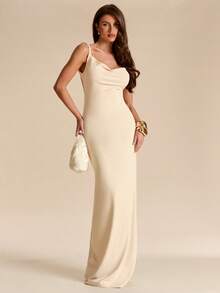 SHEIN BAE 杏色露背无袖修身连衣裙，针织连衣裙，优雅女士长裙，适合度假、海滩、郊游、春夏穿着 - 杏色 - 查看 6