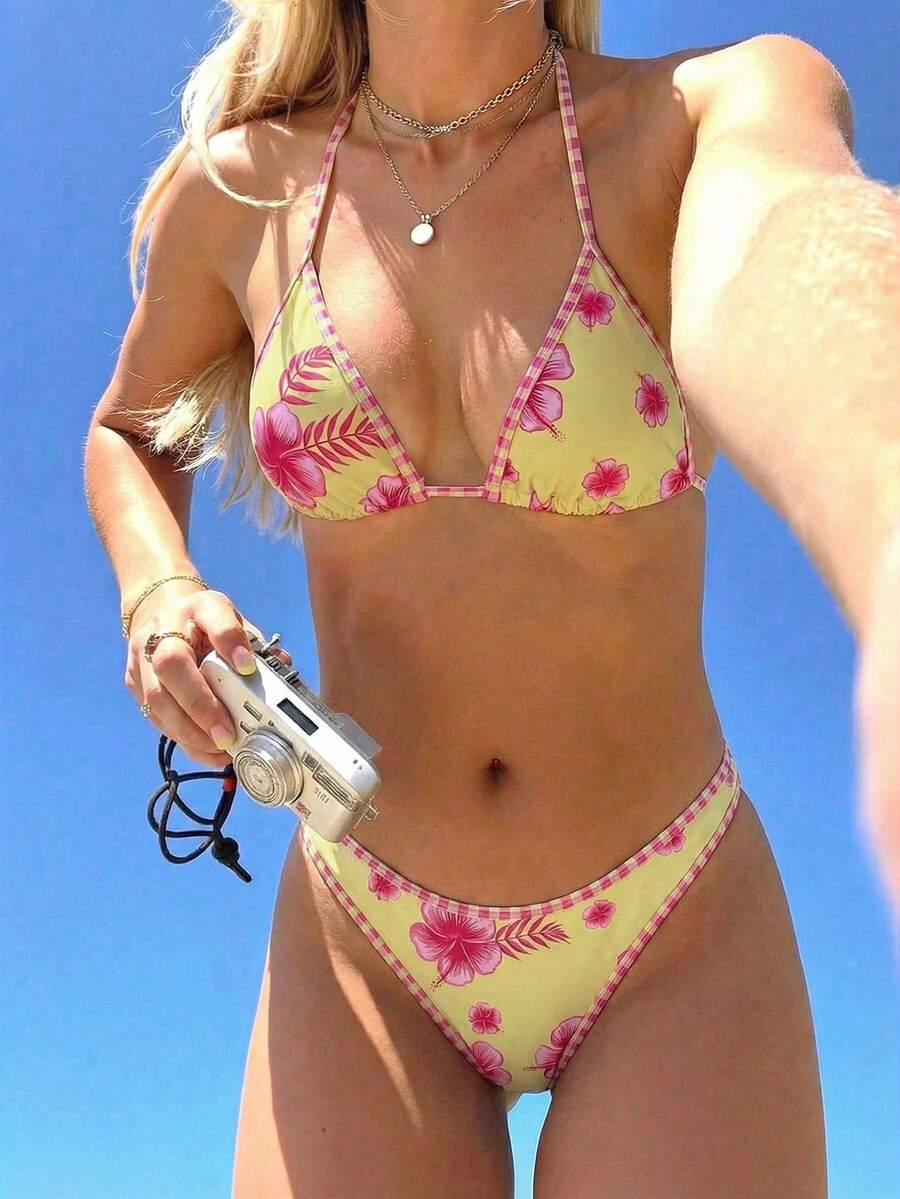 Swim Mod Women's Tropical Print Two Pieces Bikini Set, Casual Holiday - Multicolor - View 1