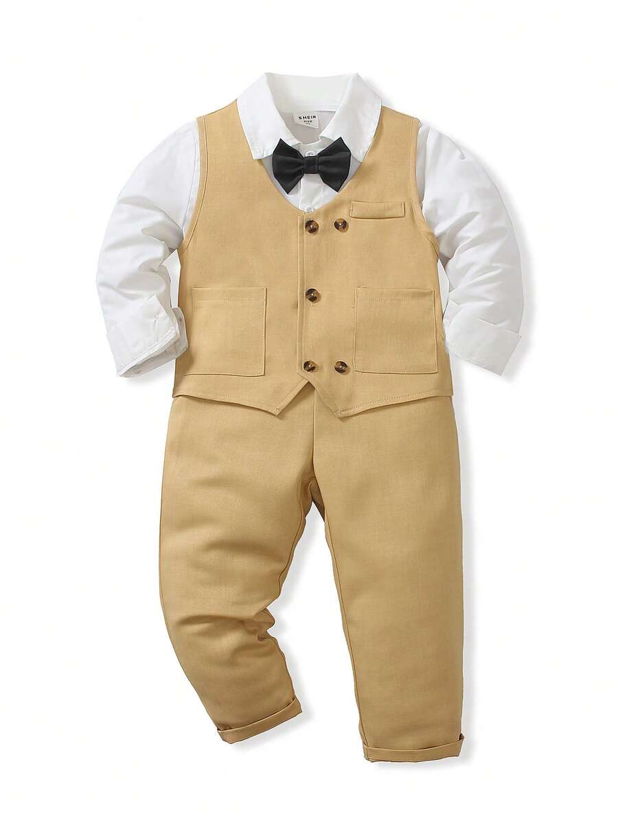 SHEIN 4-7岁男童马甲长裤两件套，无袖马甲采用斜条纹编织纹理，圣诞红色，带口袋；搭配同款斜条纹圣诞红色纹理长裤，优雅的马甲套装适合各种场合，如春、秋、冬三季的晚宴、生日、节日等，是男士必备的绅士装扮。 - 卡其色 - 查看 1