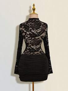 SHEIN ICON 女士纯色蕾丝拼接透视立领长袖迷你连衣裙 - 黑色 - 查看 2