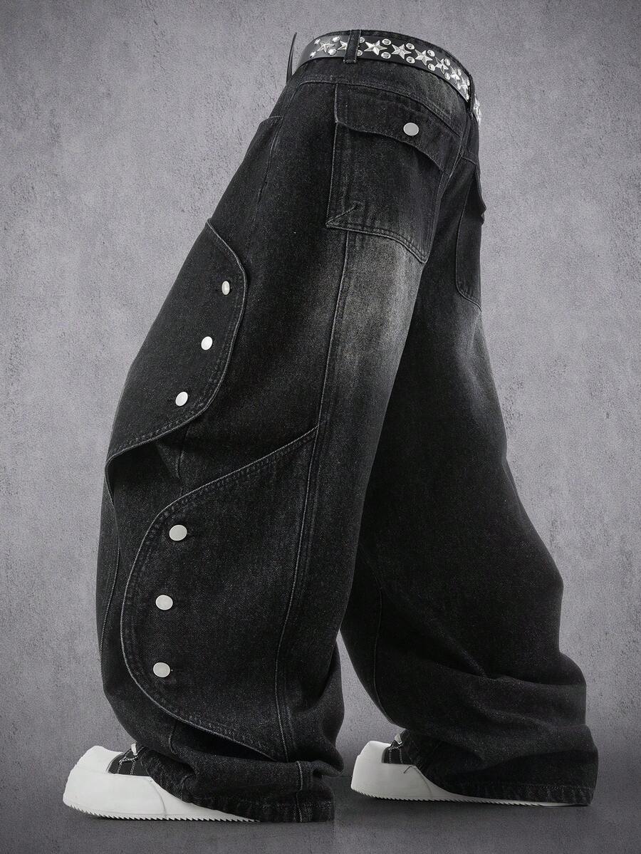 Manfinity Denimwave 男士休闲街头风做旧弧形宽松黑色牛仔裤 - 黑色 - 查看 1