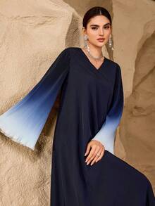 Al Najma Women's Casual Fashionable Minimalist Ombre Pleated Flare Sleeve V-Neck Arabic Style Dress - Navy Blue - View 2