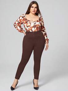 SHEIN LUNE Jeans skinny di colore tinta unita con tasche inclinate, adatti per uso quotidiano e versatili, taglie comode per donne - Castano - Visualizzare 5