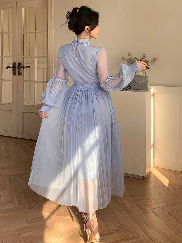 Elegant Solid Color Lace Collar Long Dress For Women, Spring & Summer