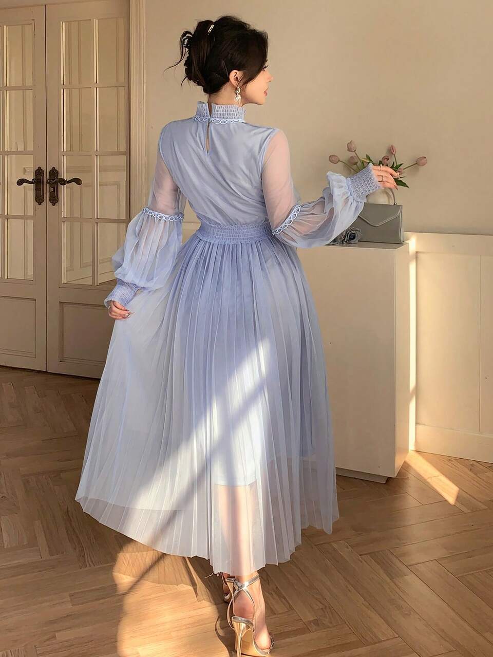 Elegant Solid Color Lace Collar Long Dress For Women, Spring & Summer Sun Dresses For Women