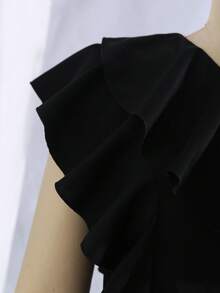 SHEIN 两件套优雅不对称肩部荷叶边上衣和阔腿裤套装，适合少女，黑色梭织面料，时尚高端 - 黑色 - 查看 7