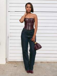 Yess Loren Women's Burgundy Fashion Sexy Faux Leather Corset, Burgundy Top, Leather Top, Corset For Halloween, Christmas Party, Club Top, Party Top, New Year Top,Halloween,Going Out Top - Burgundy - View 4