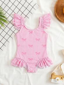SHEIN Young Girl Summer Beach Vacation Style Bow Striped Print Double Ruffle One-Piece Swimsuit - Pink - View 2