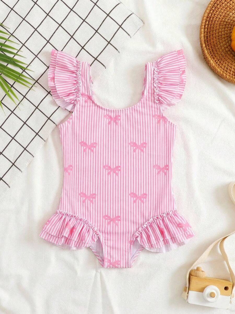 SHEIN Áo tắm liền thân kiểu dáng mùa hè cho bé gái, họa tiết sọc nơ, xếp ly đôi. - Hồng - Xem 1