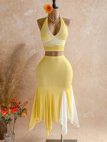 Soleia 新款度假优雅百褶露背背心和渐变色不对称半身裙两件套黄色两件套黄色服装百褶裙套装早午餐服装夏季服装 - 彩色 - 查看 4