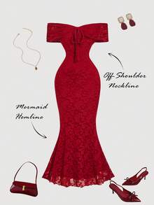 SHEIN MOD Off Shoulder Burgundy Textured Extra Long Mermaid Hem Dress - Red - View 2