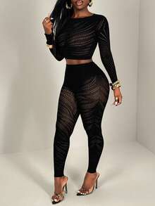 BamGleam 女士性感镂空网纱透视修身两件套 - 黑色 - 查看 3
