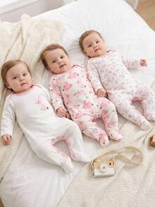 3件套新生儿长袖连体衣，粉色兔子动物印花，可爱甜美，适合日常休闲穿着，深受宝宝和妈妈们的喜爱 - 淺粉色 - 查看 3