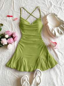 Soleia 女士度假吊带迷你连衣裙，深V领，露背，蝴蝶结，鱼尾裙摆，性感风格，迷你裙，及膝长度，购物，浪漫，约会，海滩装扮，网纱，年轻，少女风 - 綠色 - 查看 4