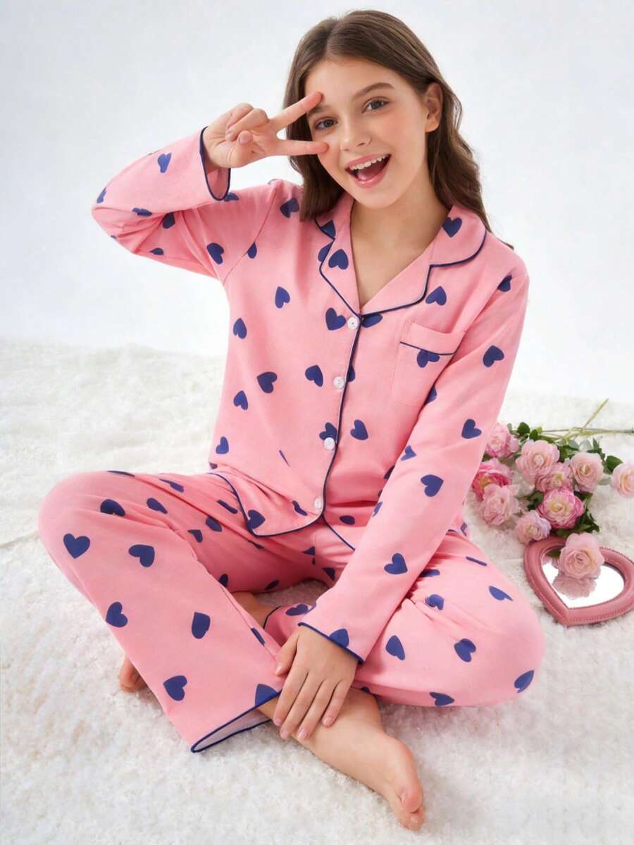 2件套少女杏色蝴蝶印花长袖开衫和裤子休闲舒适家居服 - 粉色 - 查看 1