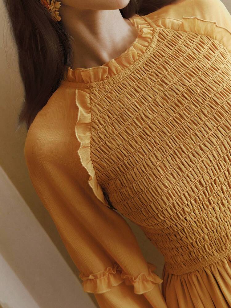 Anewsta New Summer Vacation Outfit Solid Color Round Neck Cinched Waist Flared Long Sleeve Flowing Elegant Dress For Women Dress Modest Mustard Dresses For Women Ruffle Dress Modest Dress Long Sleeve Dress