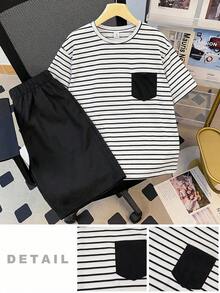 SHEIN Teen Boy Striped Crew Neck Pocket T-Shirt And Shorts Casual Set - Black - View 5