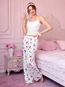 Bonmuse 女士白色樱花印花睡裤 - 柔软休闲家居裤，红色樱花和绿色叶子图案，弹性腰带，可机洗，夏季穿着下装，方便舒适 - 白色 - 查看 8