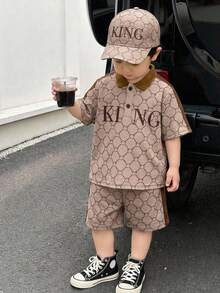 2件套幼儿男童可爱休闲卡其色短袖polo衫和短裤套装，春夏男婴服装，套装 - 卡其色 - 查看 1