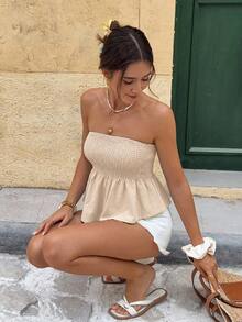 Serisse 女士纯色荷叶边抹胸上衣，适合度假穿着 - 杏色 - 查看 4