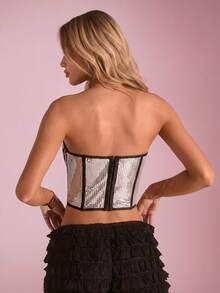 Glamine Women's Black And Silver Rhinestone Corset Top,Metallic Bandeau Top With Contrast Trim And Asymmetric Hem,Summer 70s Party Tops - Apricot - View 2