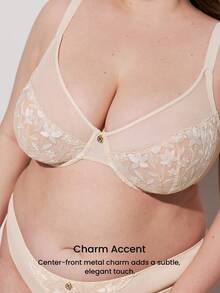 LUVLETTE Plus Woman Lingerie Full Coverage Pushup & Breathable Underwire Sexy Unlined Embroidered Lace Gold Beige Mesh & Lace Bra Minimizer Bra - Apricot - View 5