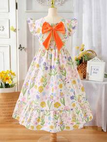 夏季波西米亚风，柔软舒适，碎花图案，甜美青春；飘逸的袖子搭配背部的大蝴蝶结，活泼俏皮；收腰设计搭配A字裙摆，贴身显瘦；柔软舒适的面料，荷叶边下摆增添少女魅力，适合日常穿着、外出和聚会。优雅的碎花连衣裙，儿童碎花连衣裙，女童蝴蝶结连衣裙，橙色蝴蝶结连衣裙 - 彩色 - 查看 3