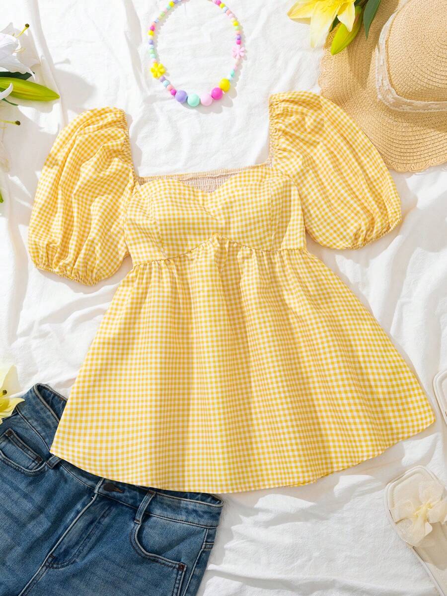 少女休闲格子花瓣袖衬衫，夏季 - 黃色 - 查看 1