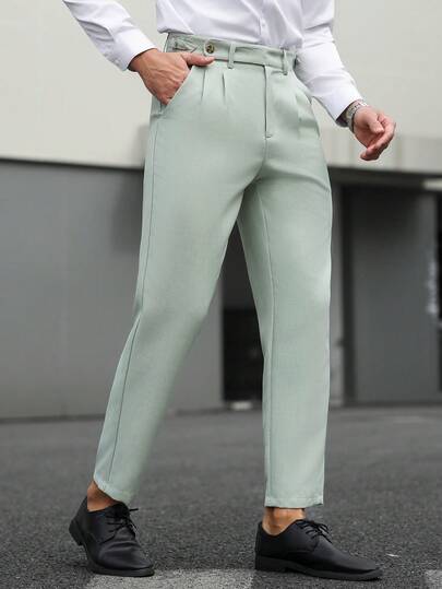 Manfinity Bizformal Pantalones entallados para hombres, diseño de hebilla en la cintura, tela texturizada, pantalones casuales de negocios, pantalones ajustados de estilo retro, adecuados para padres, esposos, novios, primavera