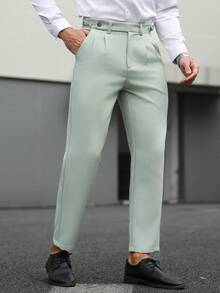 Manfinity Bizformal 男士锥形裤，腰部搭扣设计，纹理面料，商务休闲裤，修身复古时尚长裤，适合父亲、丈夫、男友，春季穿着 - 薄荷綠 - 查看 6