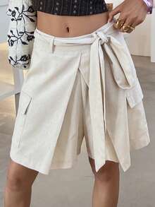 Livesso 女士春夏休闲不对称抽绳短裤，带大口袋，宽松版型，适合街头、度假、海滩、办公穿着 - 米色 - 查看 3