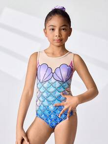 少女花样游泳体操服，美人鱼和海洋元素印花图案，数码印花全幅设计，优雅大方，适合游泳、健身和运动。 - 彩色 - 查看 4