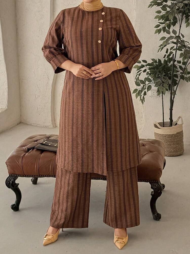 Dazy Plus Plus Size Women's Striped Loose Fit Long Tunic Shirt And Wide Leg Pants 2 Pieces Set, Casual Commuter Style, Spring/Summer Lounge Sets For Women